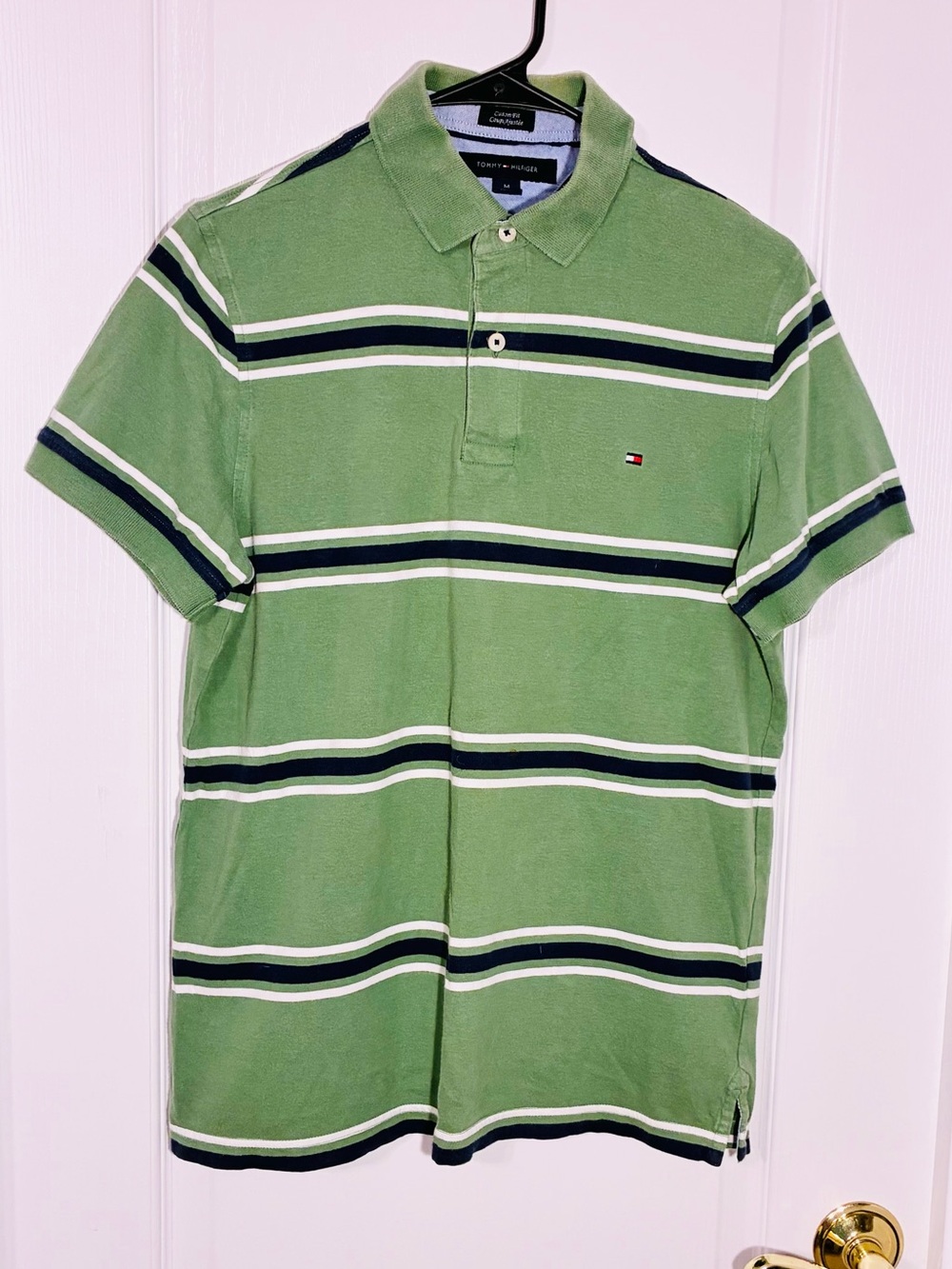 Tommy Hilfiger Custom Fit Striped Polo Shirt Green Navy White Men’s Medium